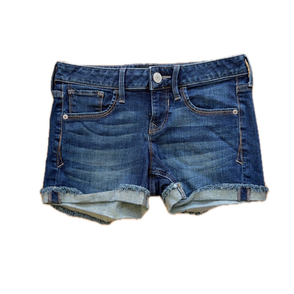 Express Jean Shorts‎ Womens 0 Dark Wash Low Rise Frayed Raw Hem Denim Cutoffs